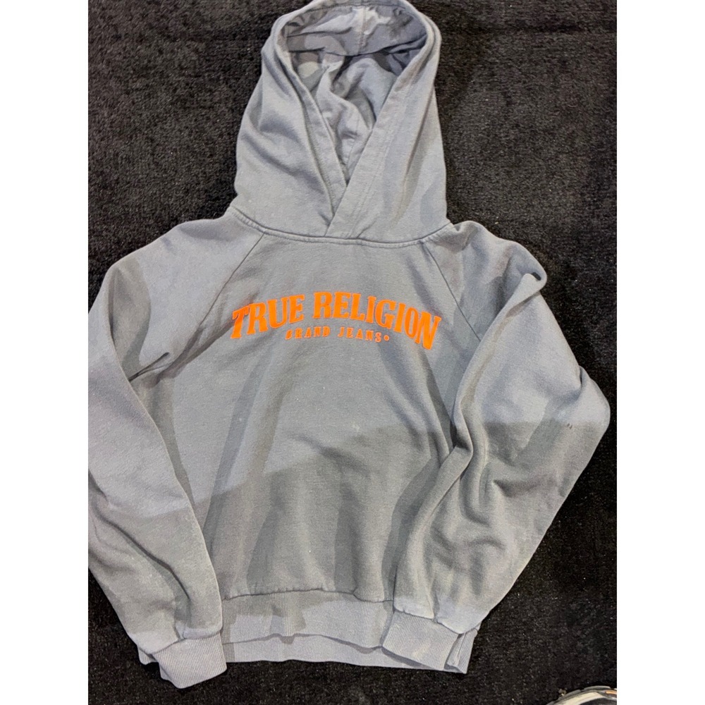 True Religion Grey Hoodie Orange Logo Pullover Sweatshirt XS